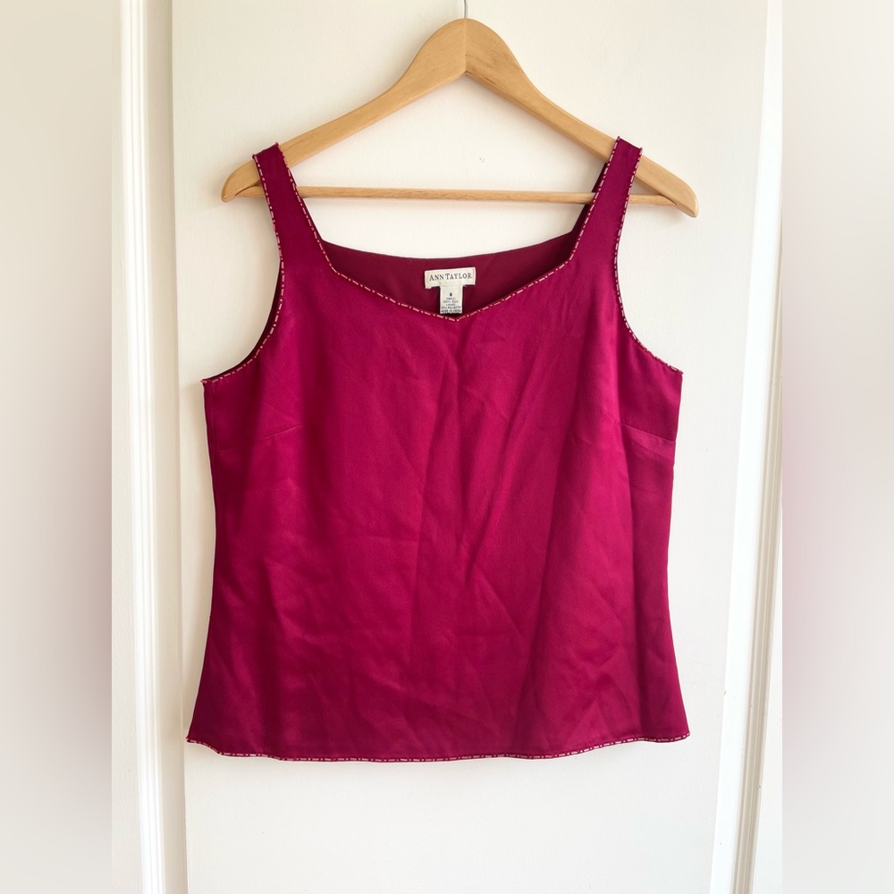 Vintage Ann Taylor 90s Red Silk Beaded Top Boxy Fit Size M Silky Glam